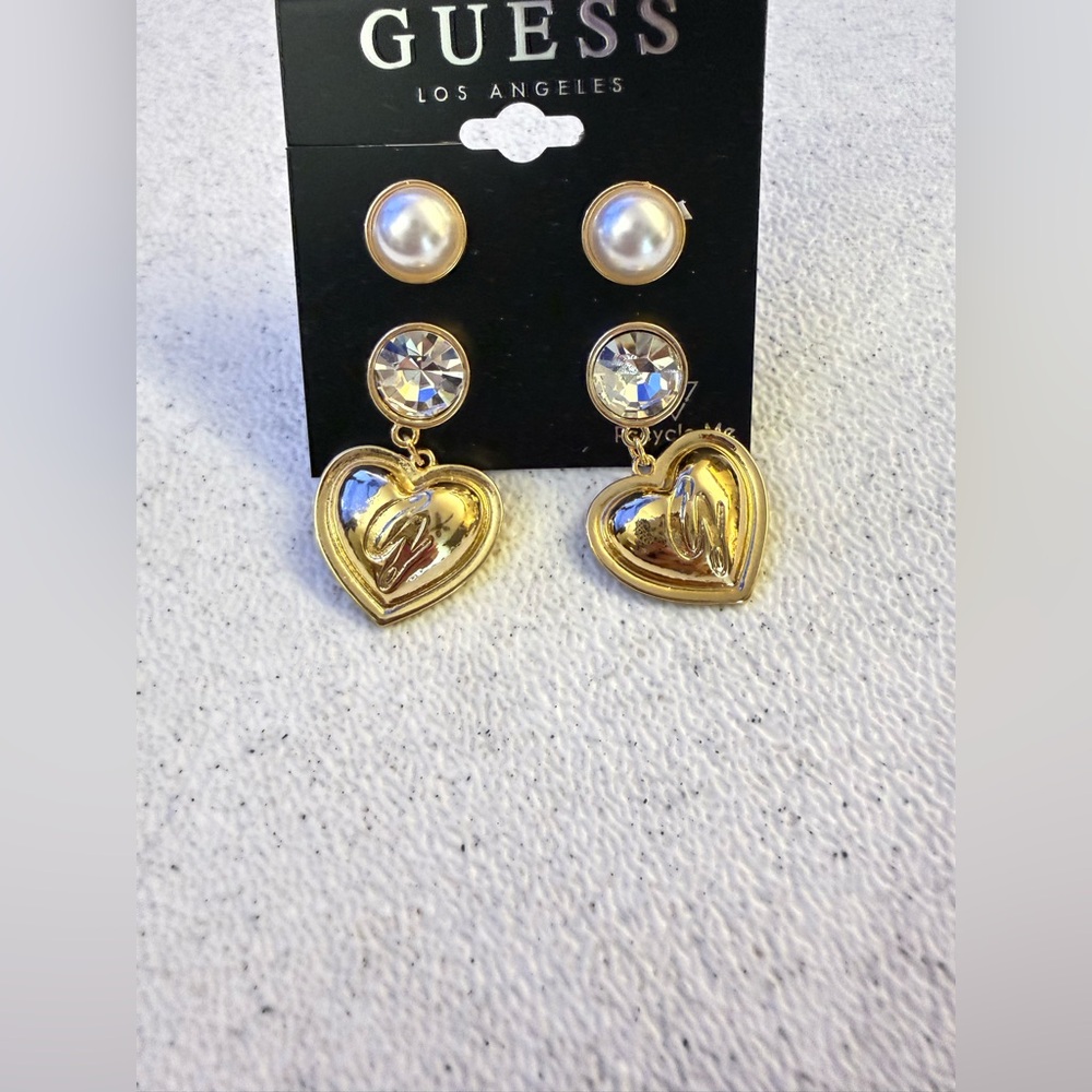 Guess Gold Heart Earrings with Pearl and Crystal
